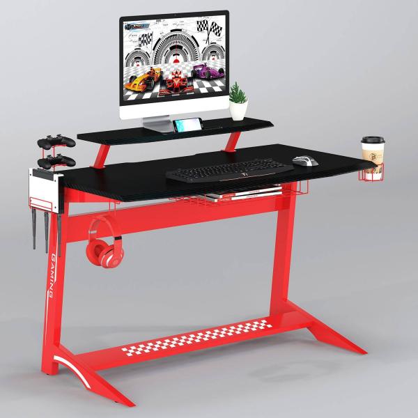 Gaming Computertisch Gamer Tisch Racing Carbon Optik Schwarz/Rot GT-008/8189
